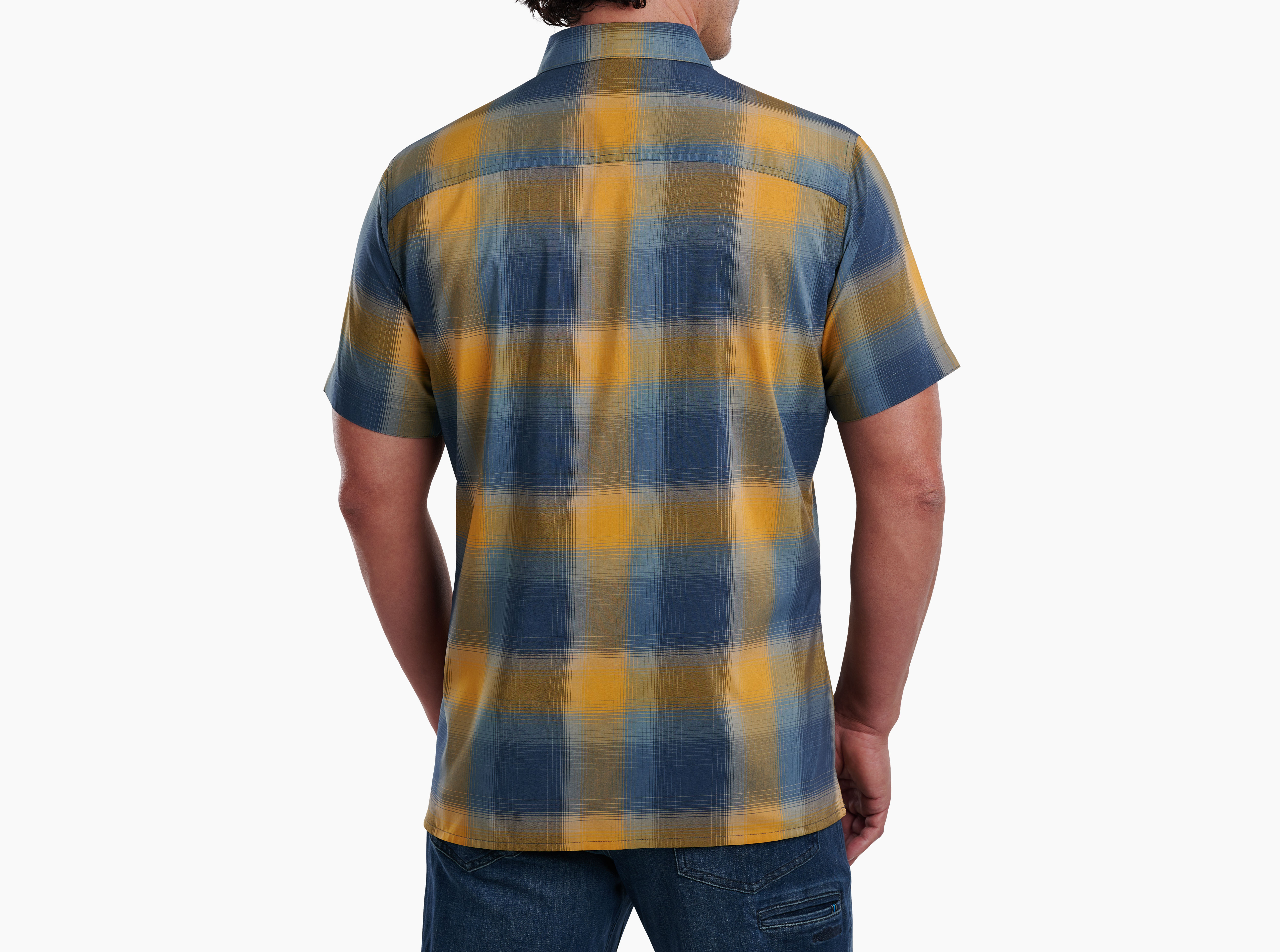 Mens KUHL Shirt Small Blue Plaid Suncell Short Sleeve - Gem